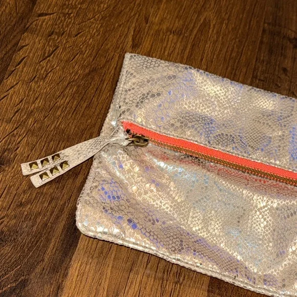 American Eagle Iridescent Metallic Fold-Over Clutch with Coral Zipper - Picture 2 of 11